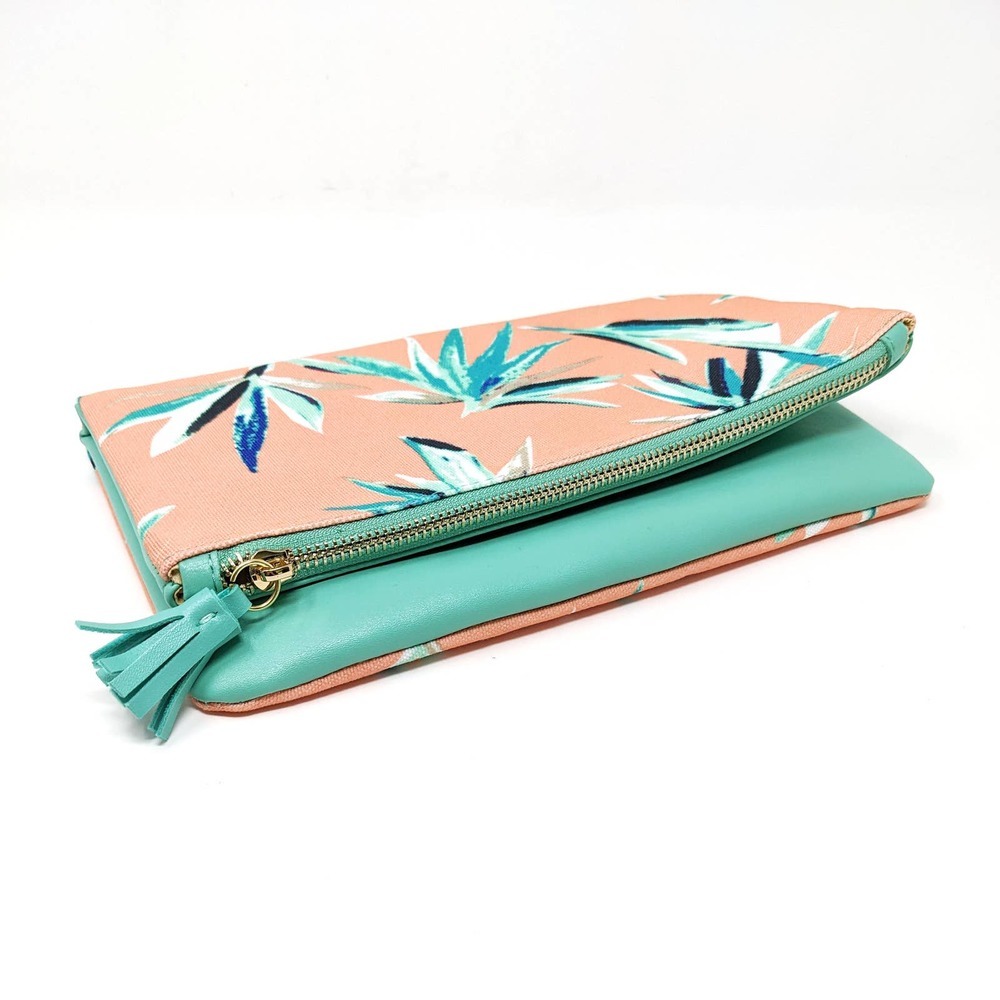 Rachel Pally Reversible Foldover Clutch Tropical Palm Leaves Zip Mint Pink - Picture 2 of 6